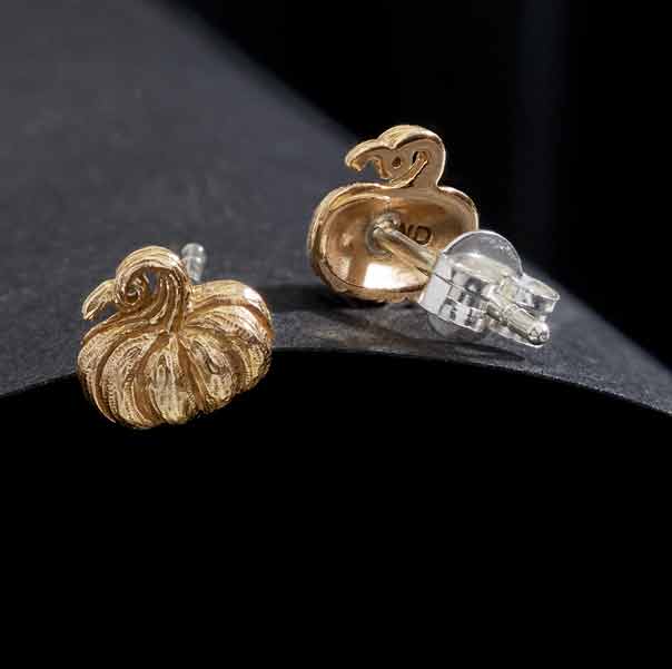 Sterling Silver or Bronze 3D Pumpkin Post Earrings 8x8mm