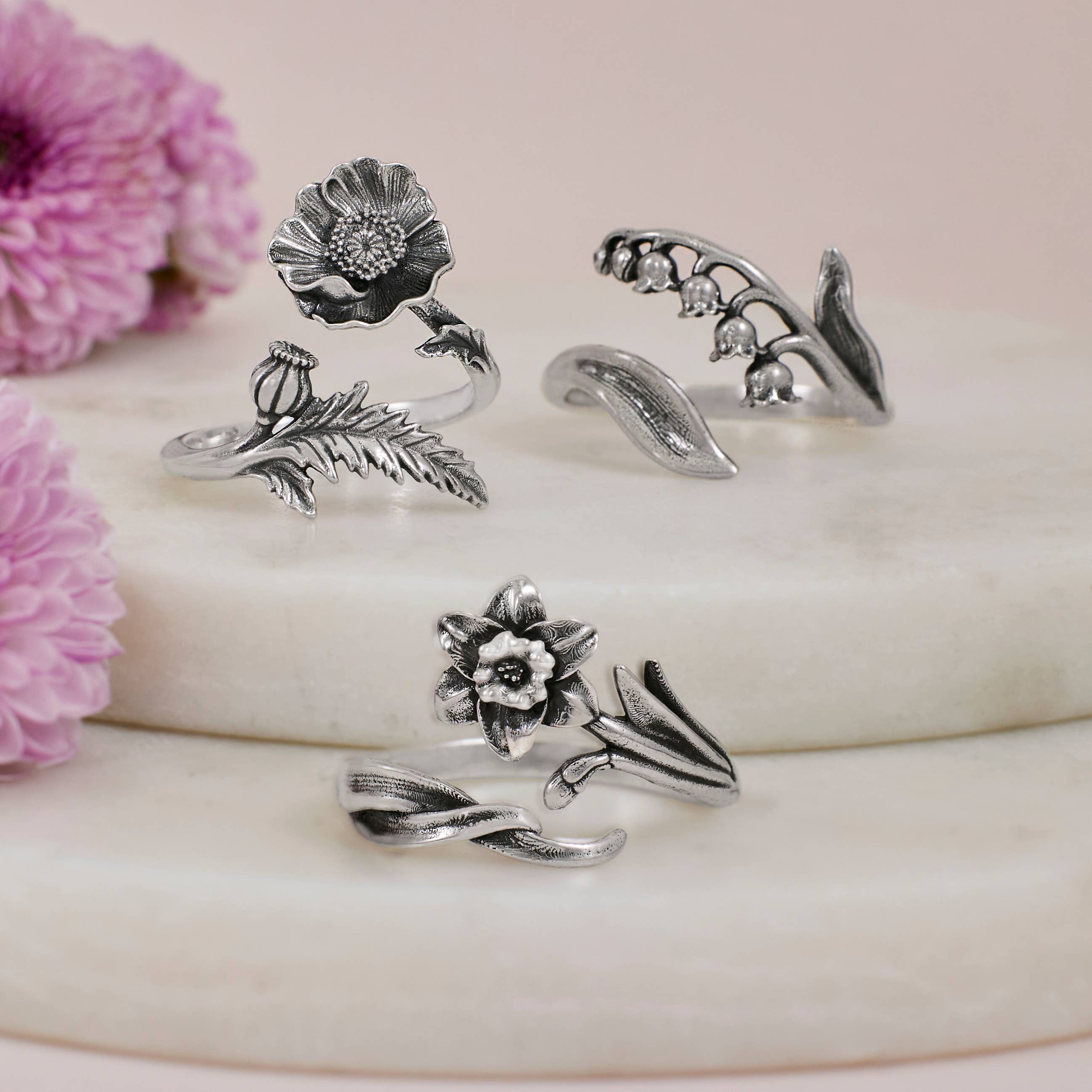 Sterling Silver Adjustable Birth Flower Rings