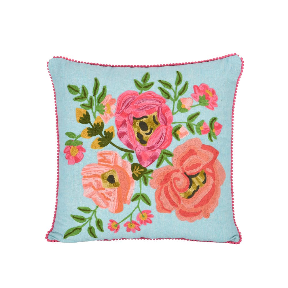 Spring Floral Pillow, Soft Blue 18X18"