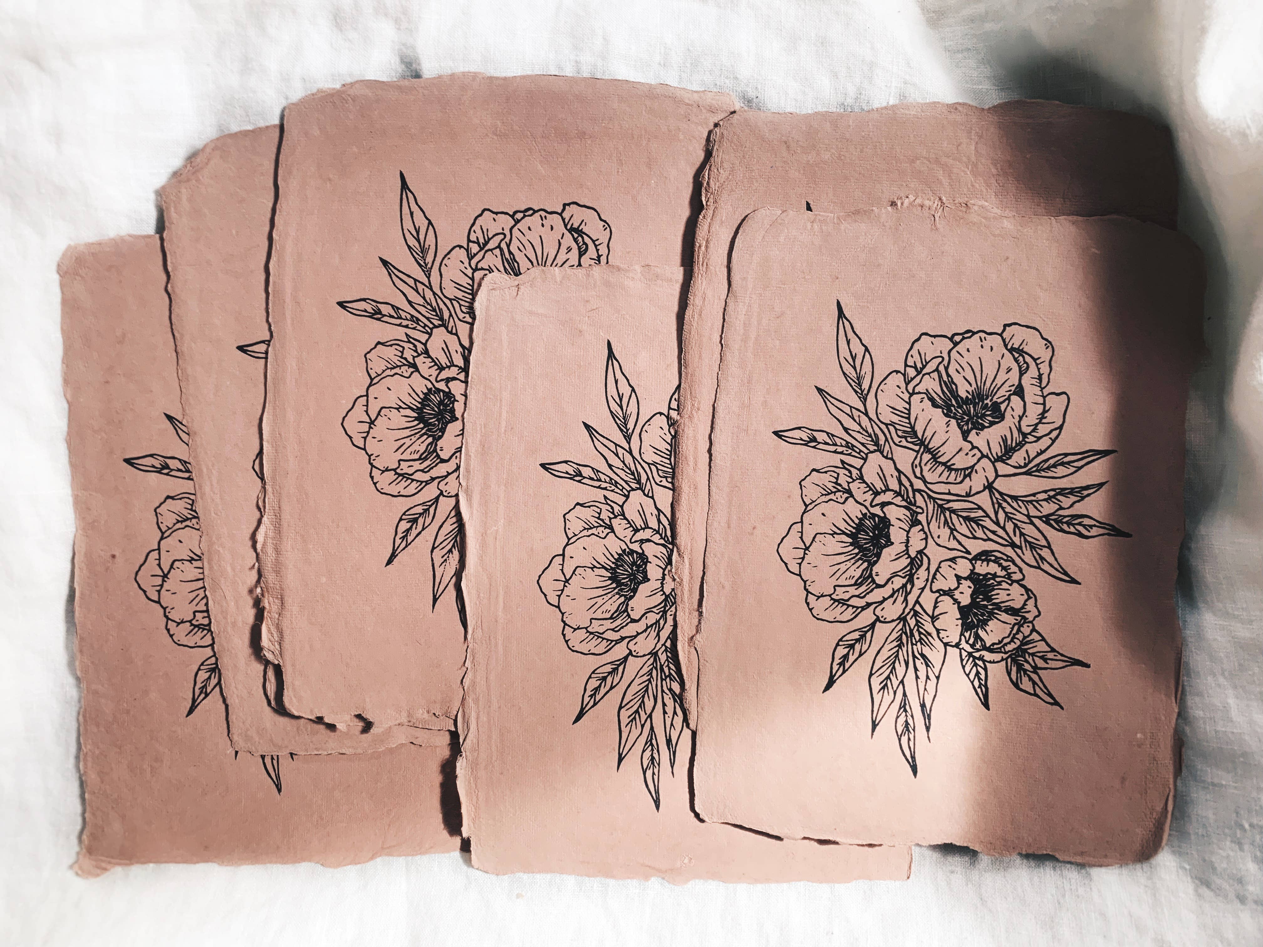 5x7 Peony Block Print on Rose Handmade Paper
