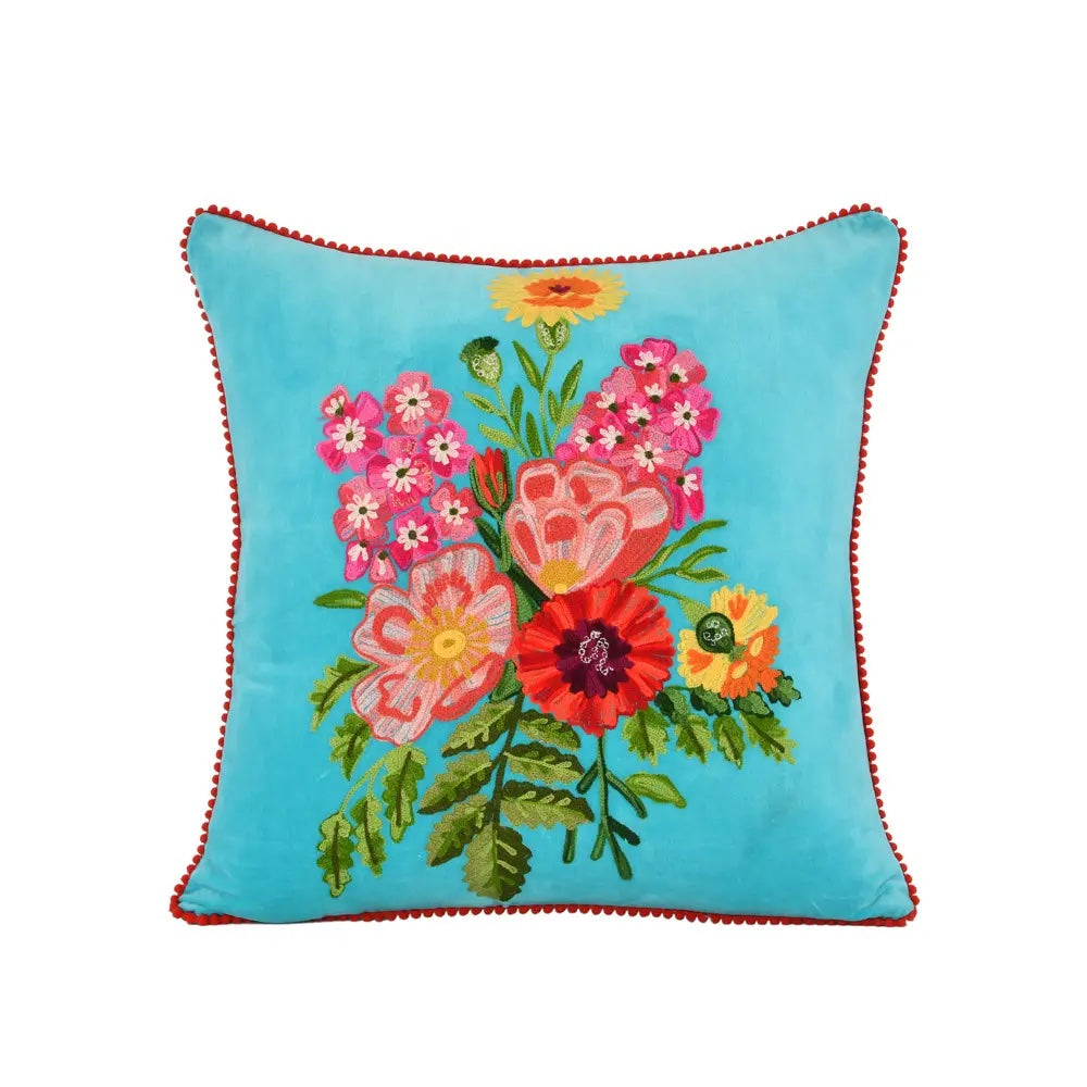 Floral Turquoise Velvet Pillow 18x18"