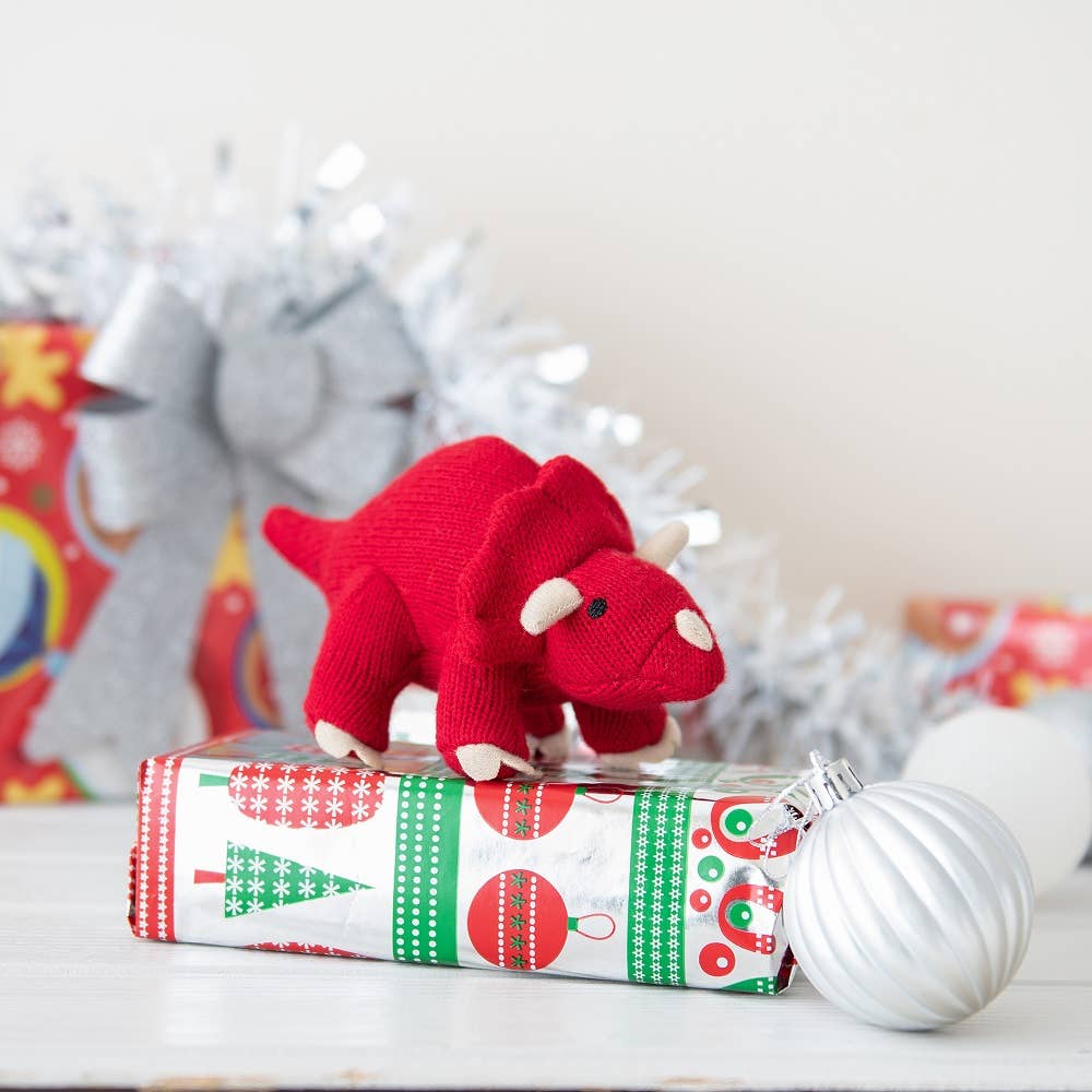 Knitted Triceratops Dinosaur Baby Rattle | Red