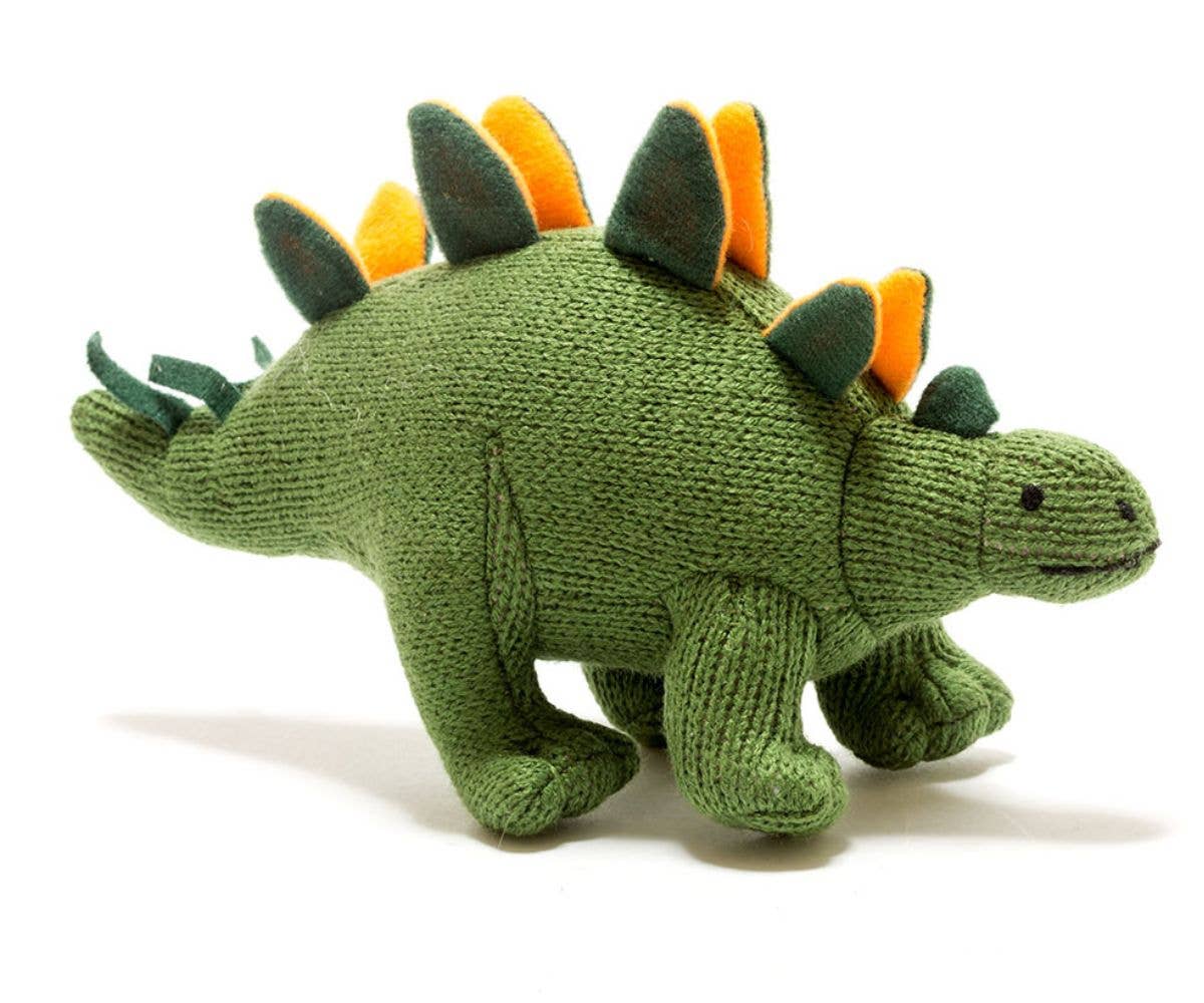 Knitted Stegosaurus Dinosaur Baby Rattle | Green and Orange