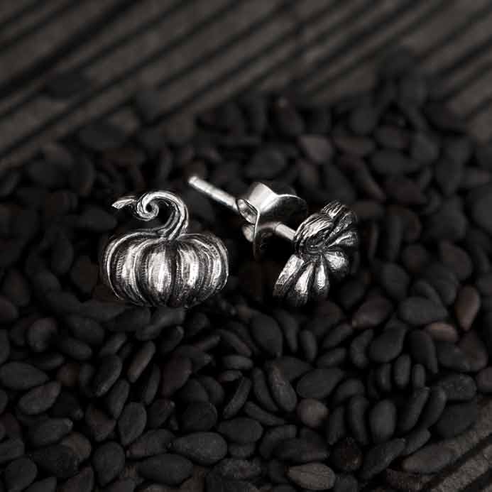 Sterling Silver or Bronze 3D Pumpkin Post Earrings 8x8mm