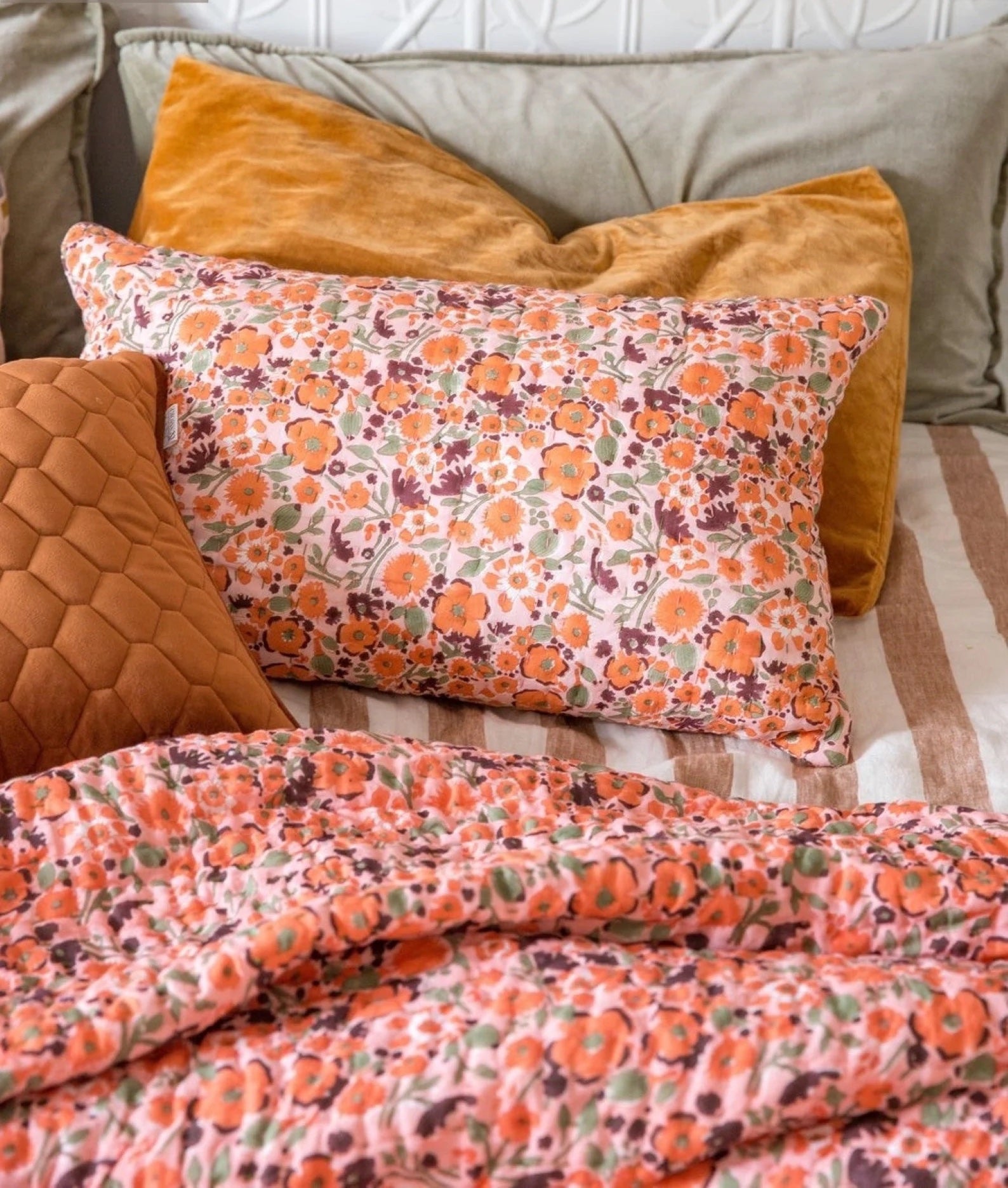 Baby Quilt | Floral Block Print | Peach or Green