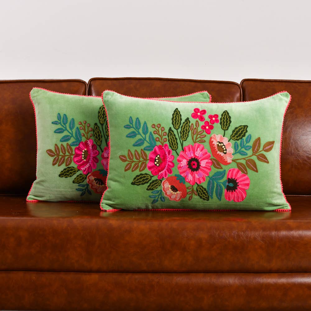 Aqua Velvet Floral Pillow 16x24"