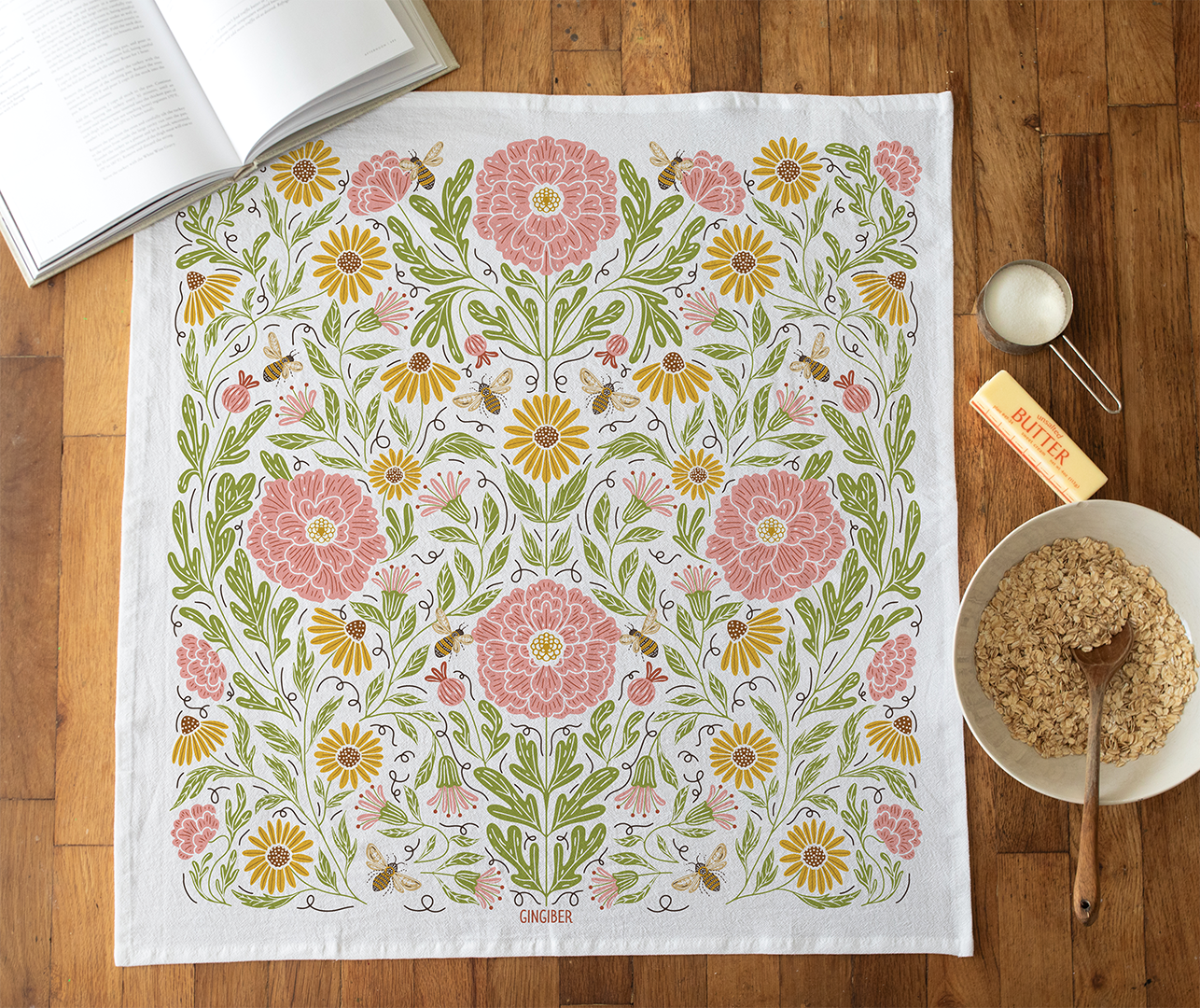 Peony & Bees Tea Towel