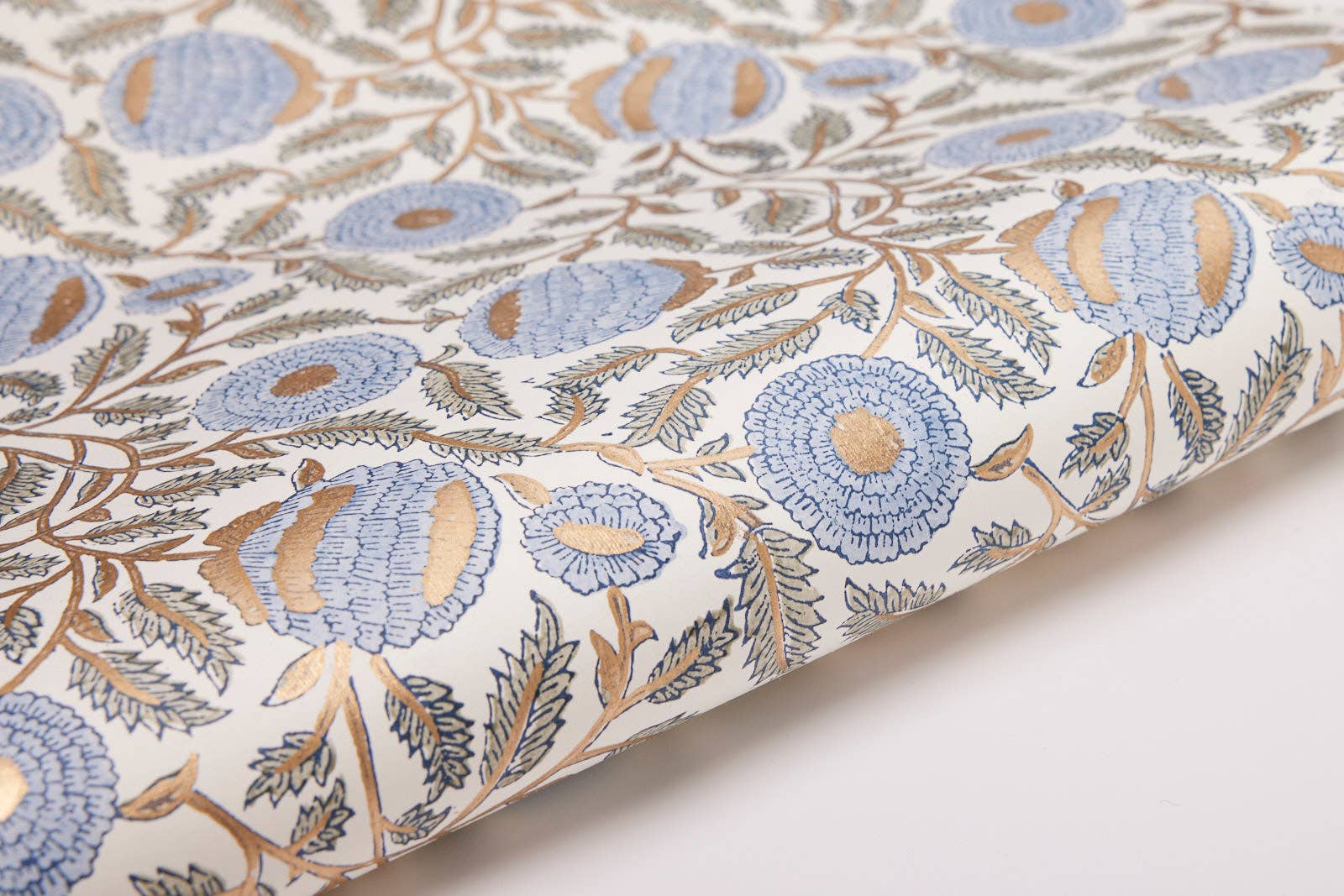Hand Block Printed Gift Wrap Sheets-Marigold Glitz Blue Stone