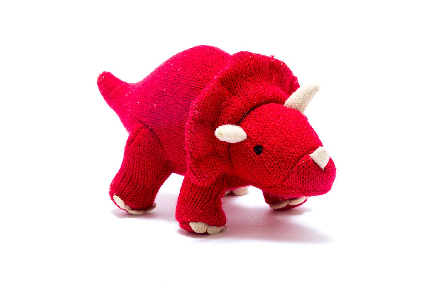 Knitted Triceratops Dinosaur Baby Rattle | Red