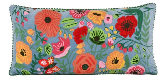 Blue velvet floral pillow 14X28"